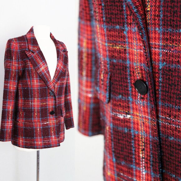 Halogen Nordstrom Avondale Tweed Plaid Wool Blend Blazer Jacket Coat S $149 Red - Picture 16 of 16